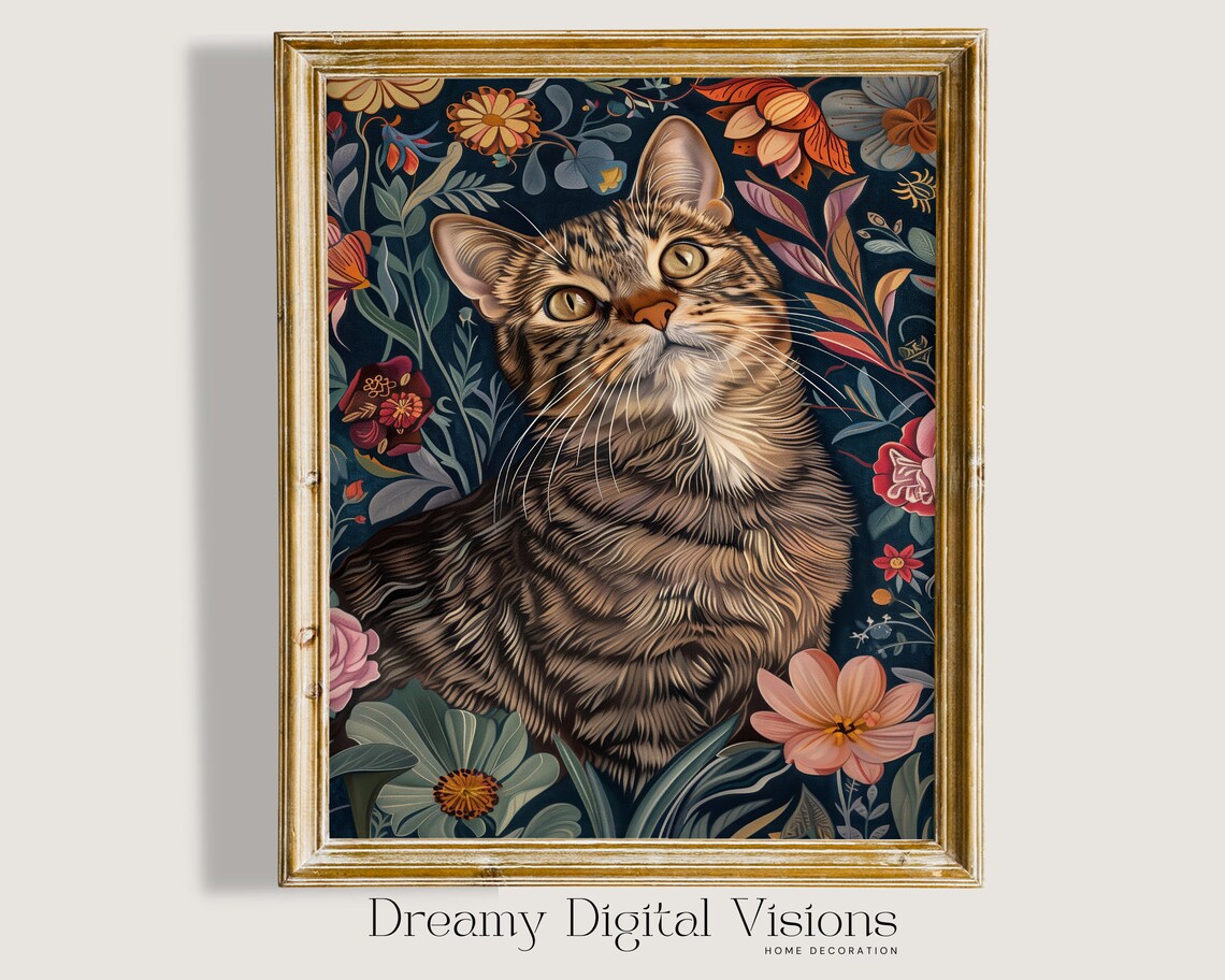 Tabby Cat William Morris Style Floral Poster