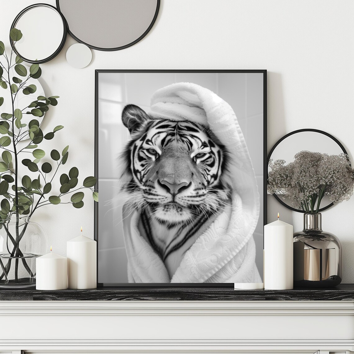 Tiger In Towel Turban Poster Funny Bathroom Black And White Animal Photo Decor - Image 2