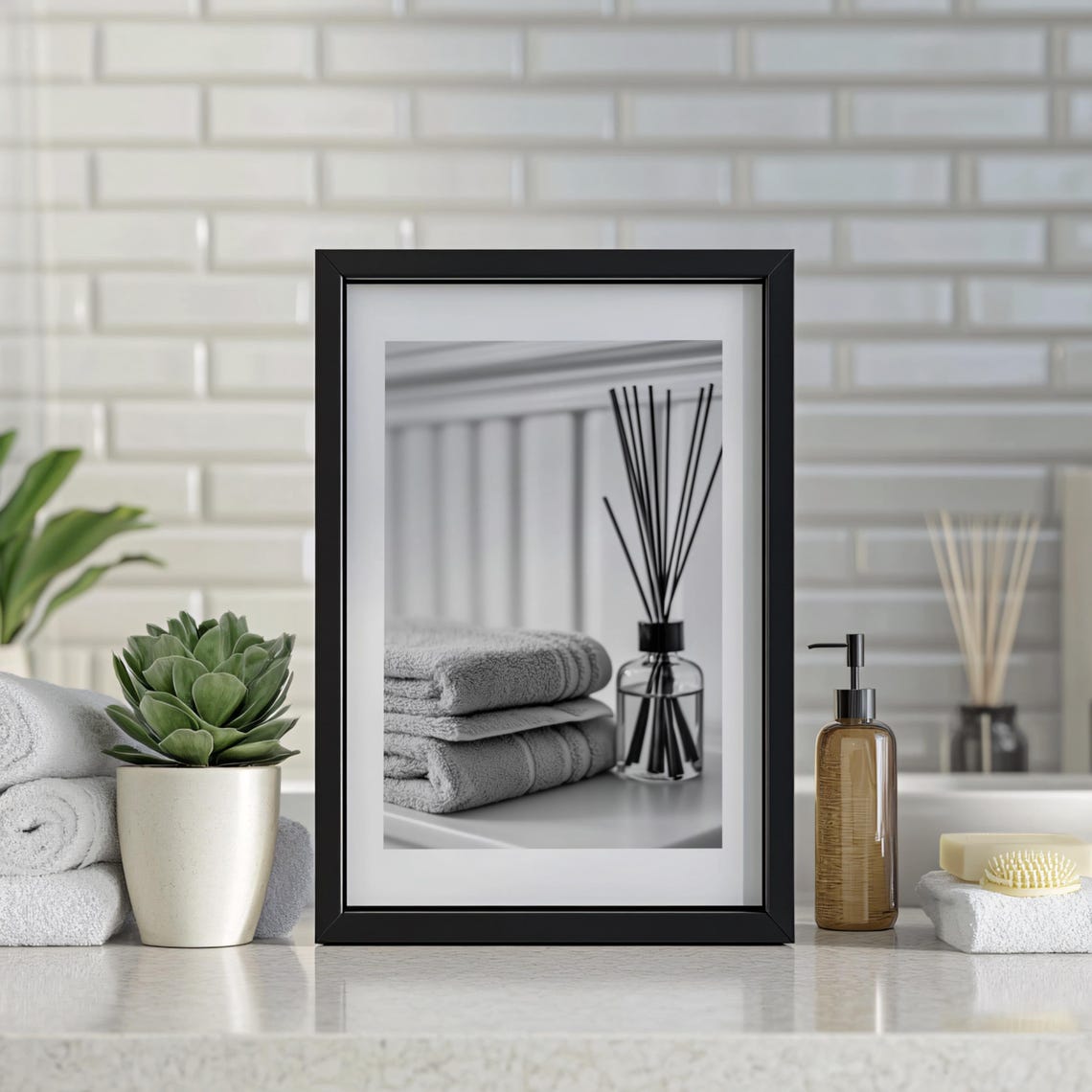 Folded Spa Towels and Reed Diffuser Black and White Art Poster - Image 2