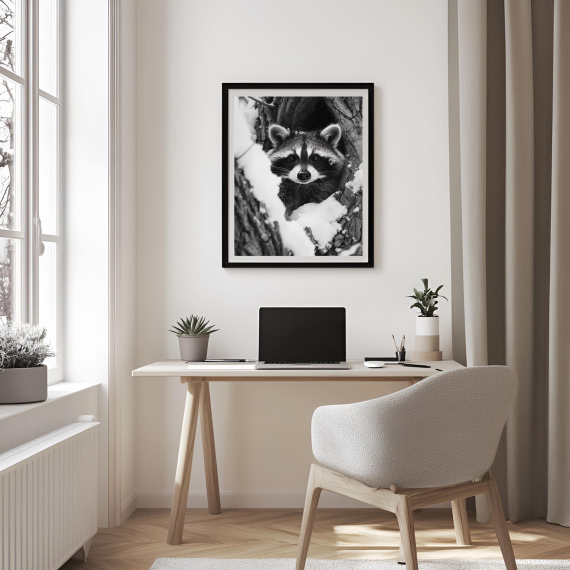 Raccoon Peeking From a Snowy Tree Hollow Black and White Poster - Image 3