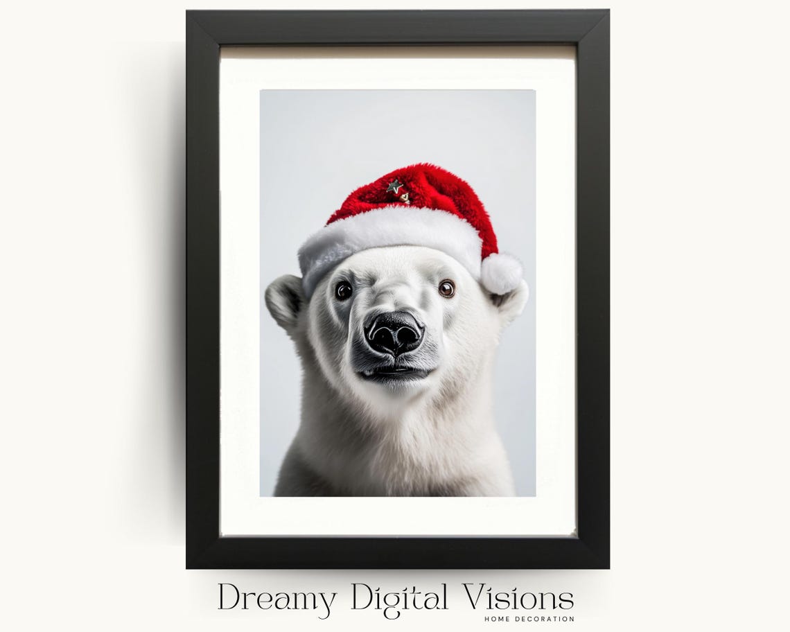 Adorable Polar Bear Wearing a Red Santa Hat Christmas Animal Poster