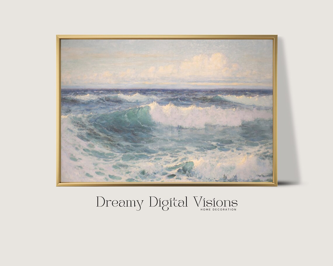 Foamy Ocean Waves Crashing Sunlit Surf Vintage Seascape Oil Painting Print