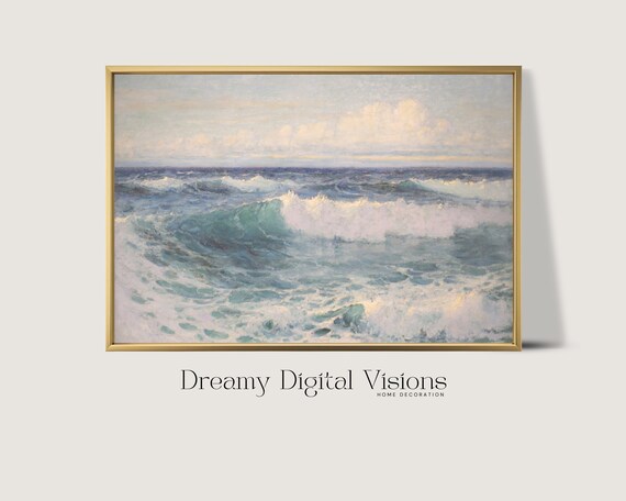 Foamy Ocean Waves Crashing Sunlit Surf Vintage Seascape Oil Painting Print