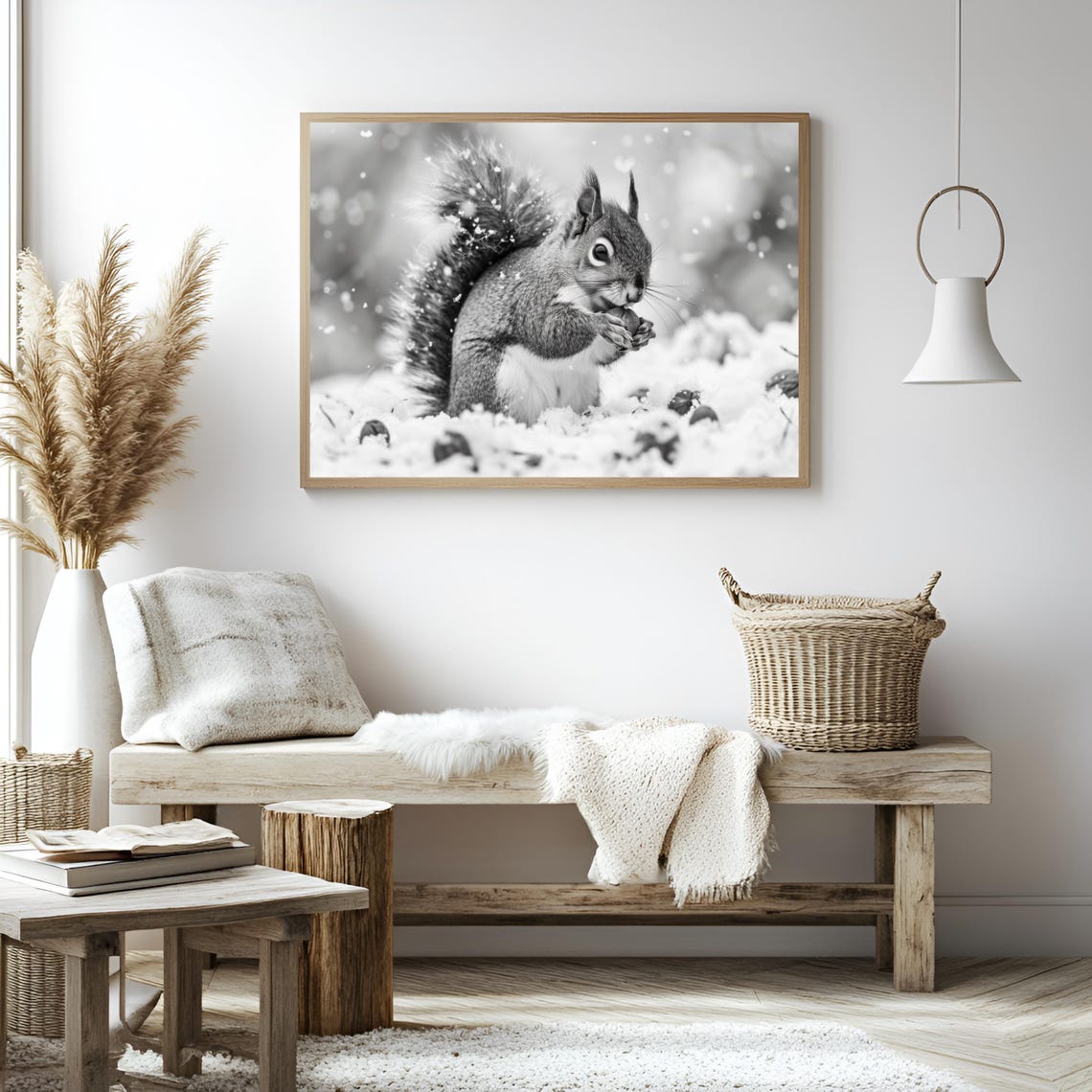 Squirrel Holding Nut in Falling Snow Black and White Winter Poster - Image 3