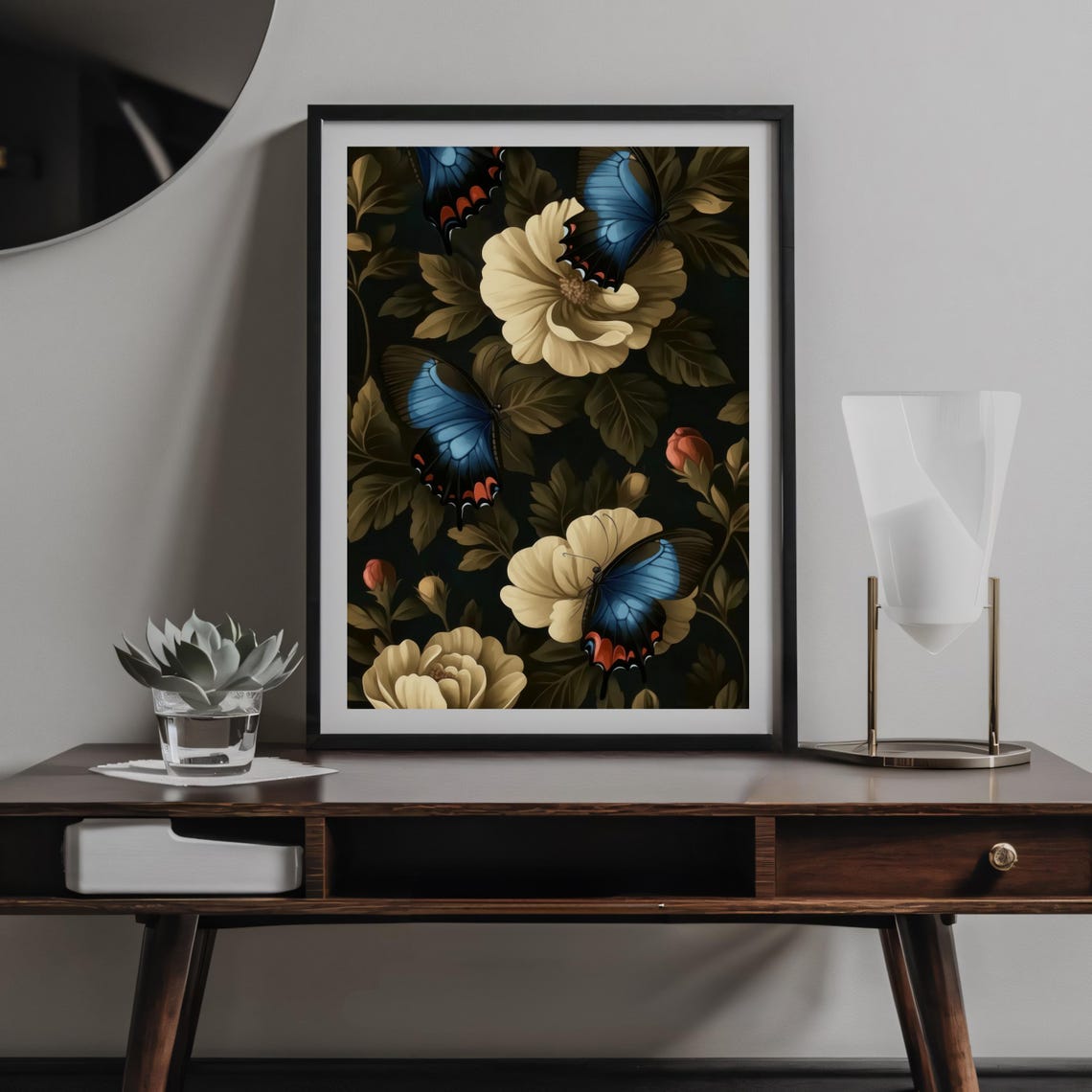 Blue Butterflies and Cream Flowers Dark Moody Botanical Art Poster - Image 2