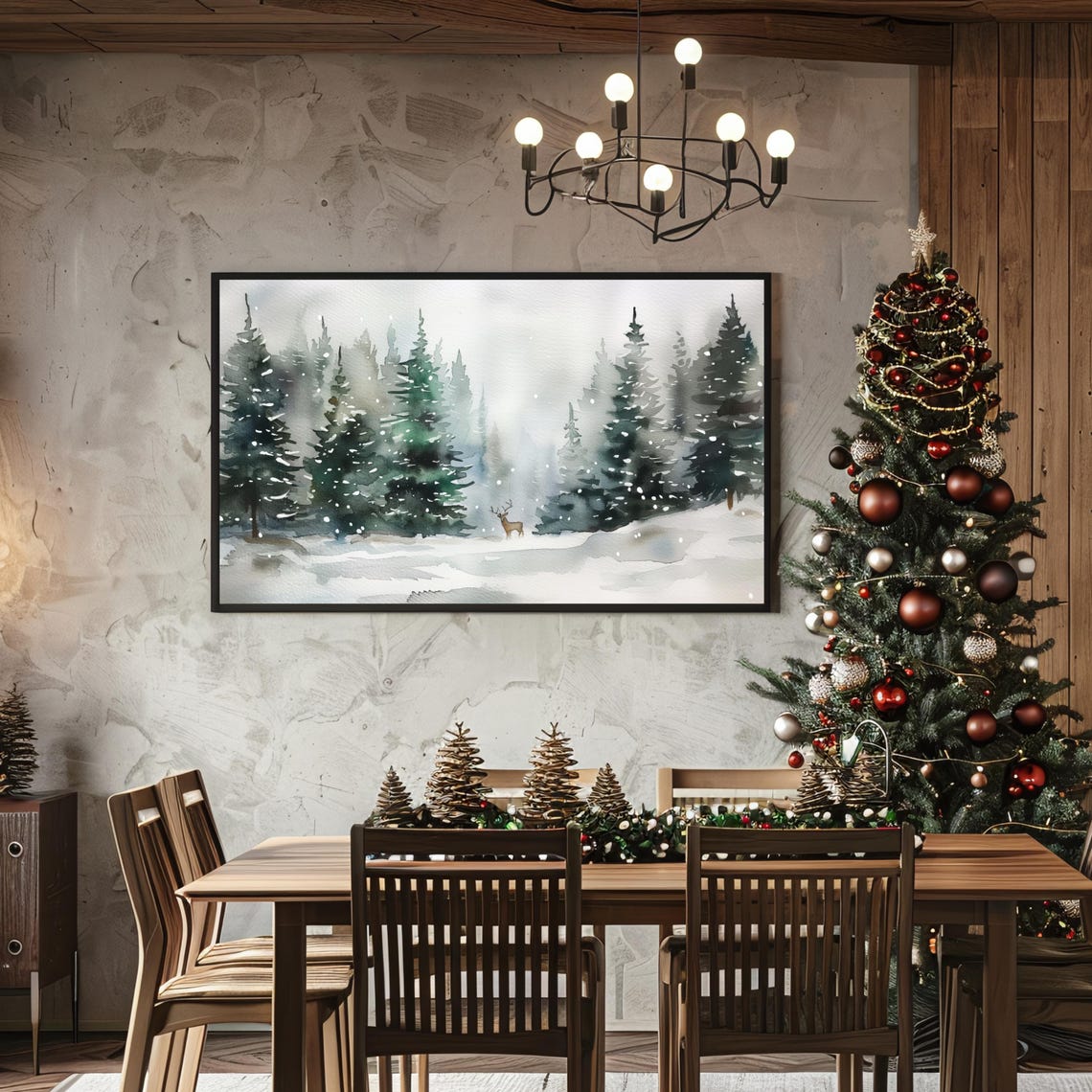 Watercolor Snowy Pine Forest With a Deer Christmas Art Poster - Image 3