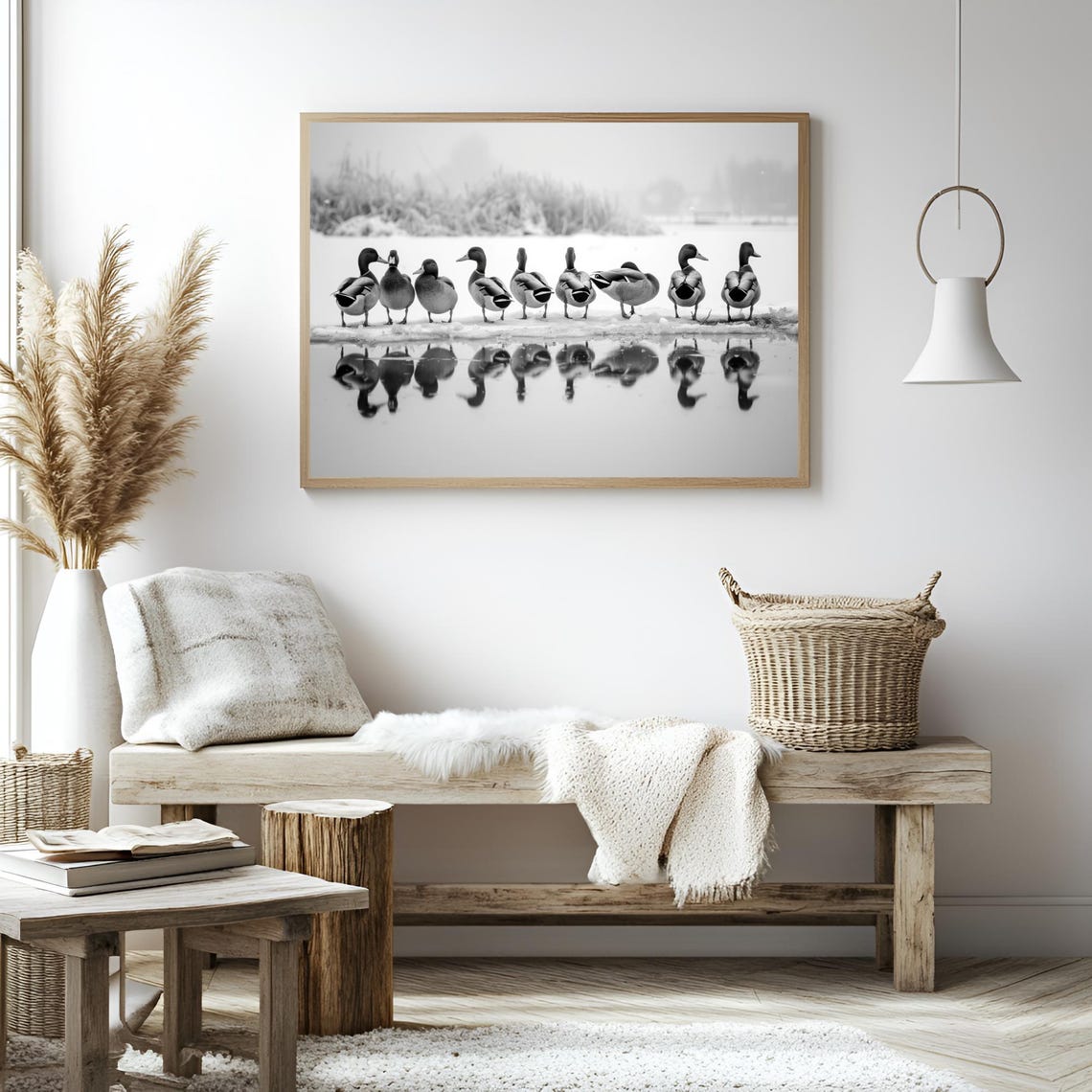 Ducks Lined Up on Ice With Water Reflections Black and White Poster - Image 3