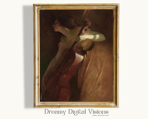Woman Playing Cello Dark Romantic Vintage Oil Painting Poster