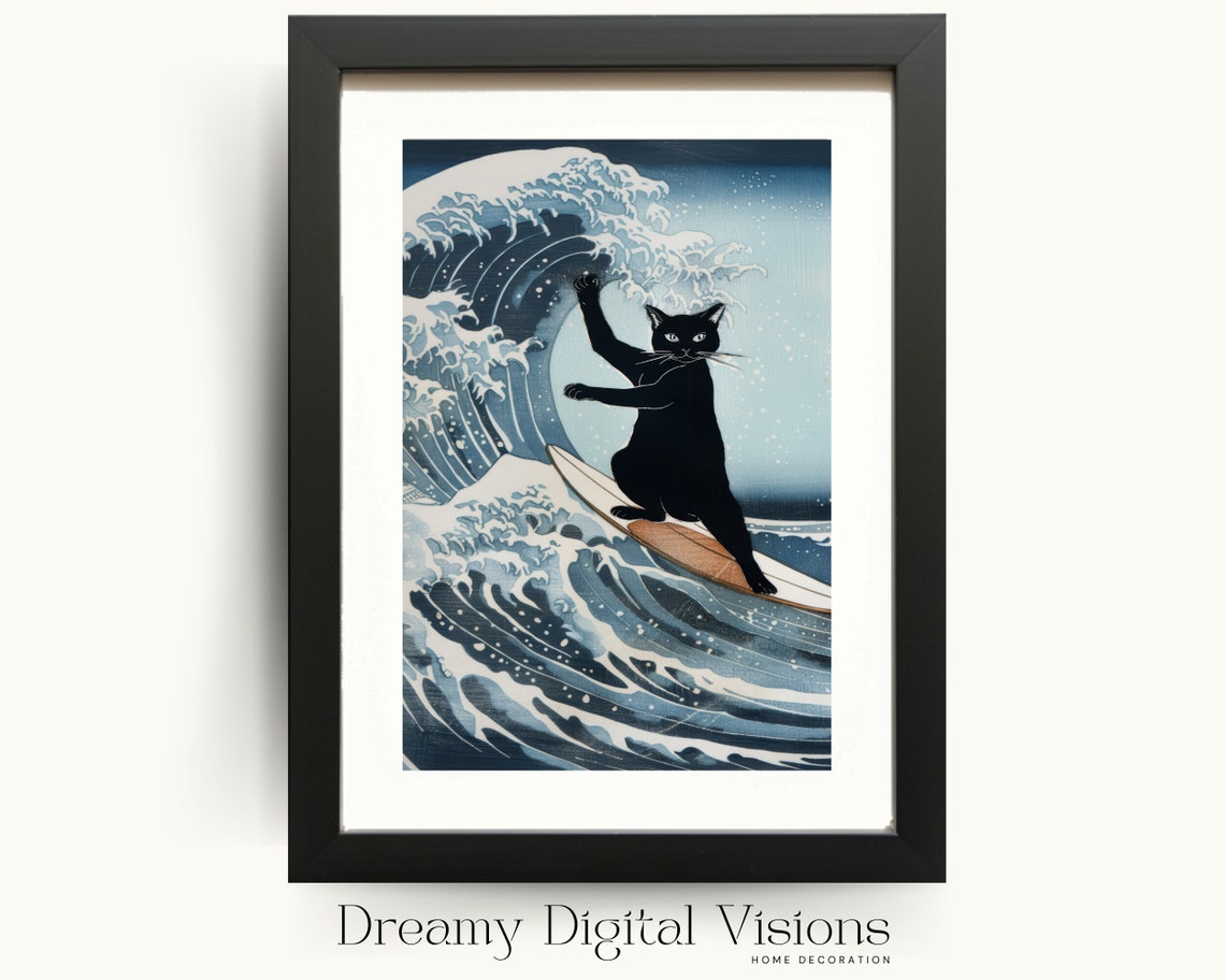 Black Cat Surfing the Great Wave Japanese Style Funny Cat Lover Poster