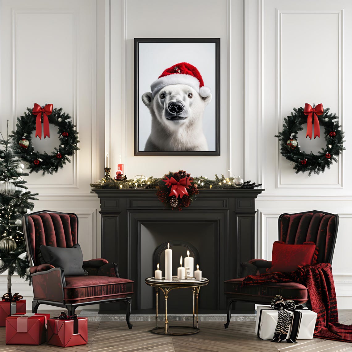 Adorable Polar Bear Wearing a Red Santa Hat Christmas Animal Poster - Image 3