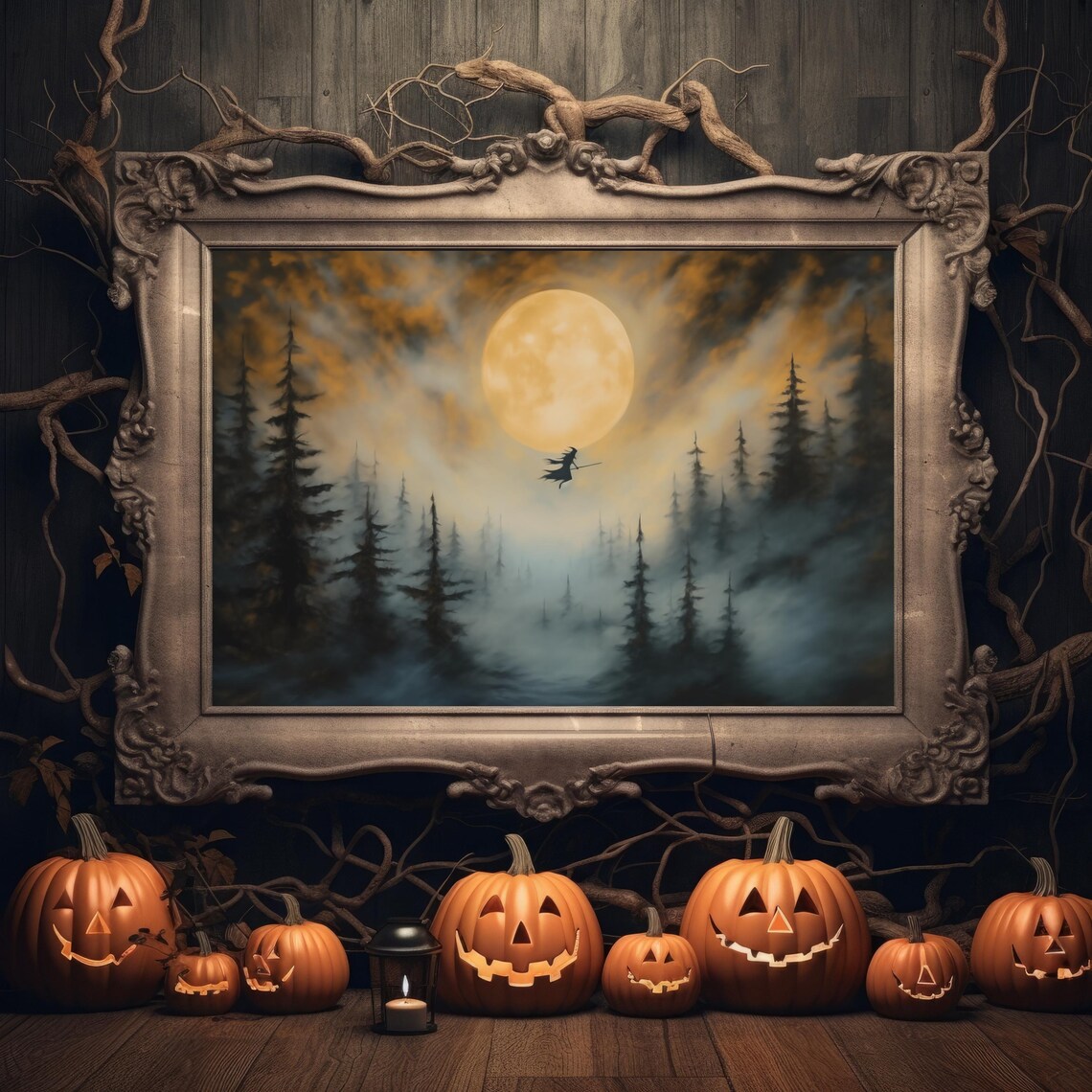 Witch Flying Across Full Moon, Vintage Halloween Art Print - Image 3