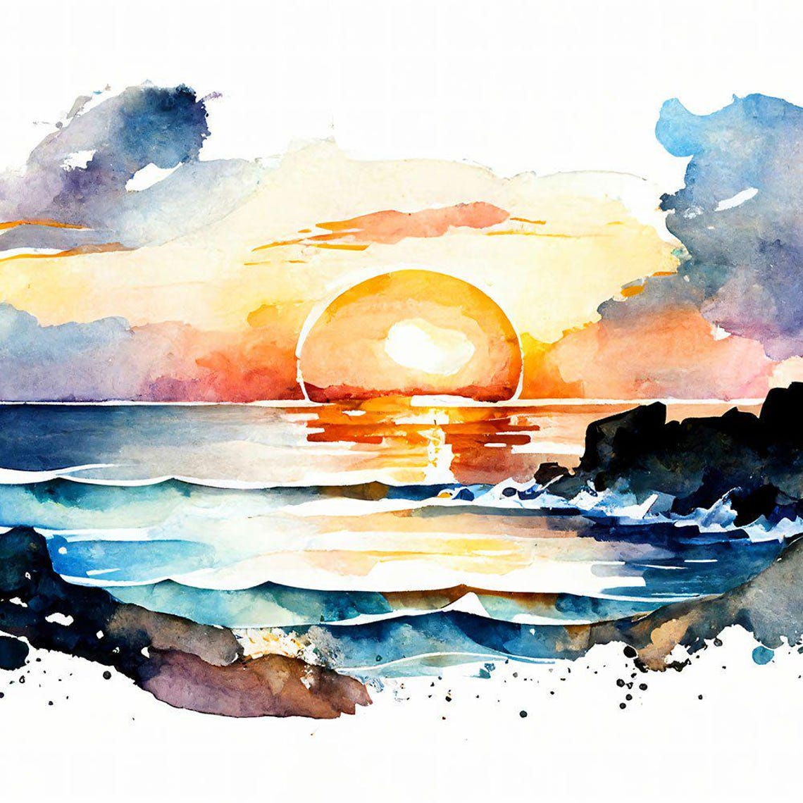 Vibrant Golden Ocean Sunset Watercolor Beach Waves Seascape Poster - Image 2