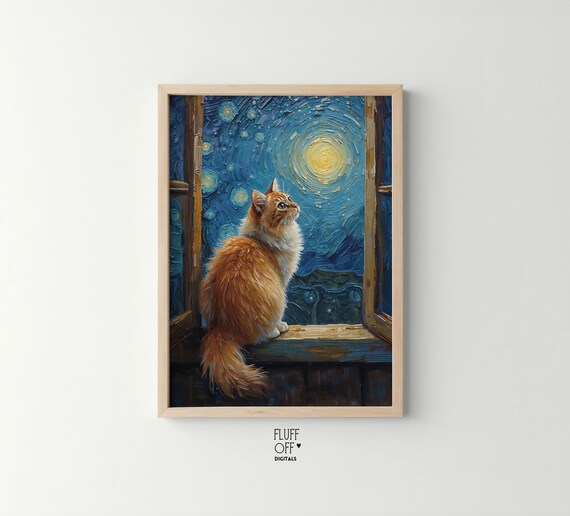 Moody Starry Night Cat Painting Cozy Celestial Wall Art Decor Fluffy Ginger With Swirling Sky And Moon 158