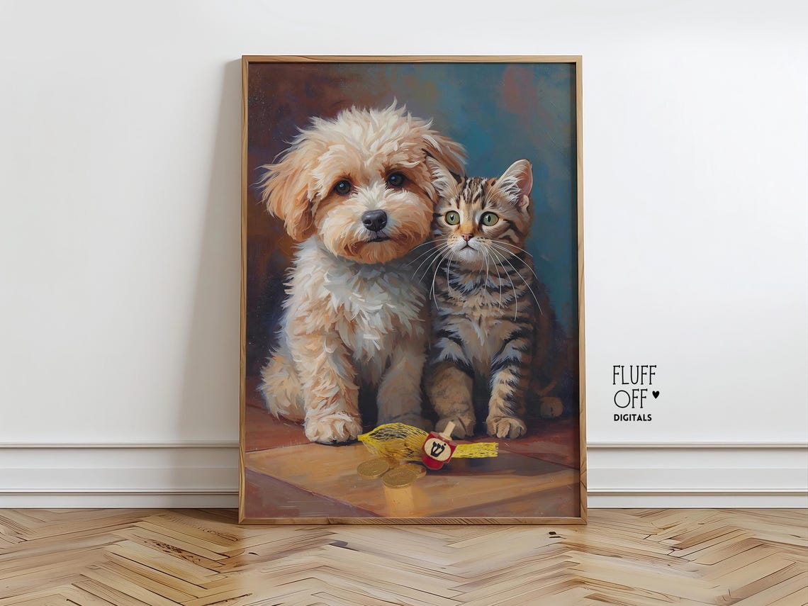 Cute Puppy and Kitten with Dreidel Hanukkah Holiday Wall Art