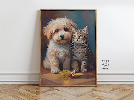 Cute Puppy and Kitten with Dreidel Hanukkah Holiday Wall Art