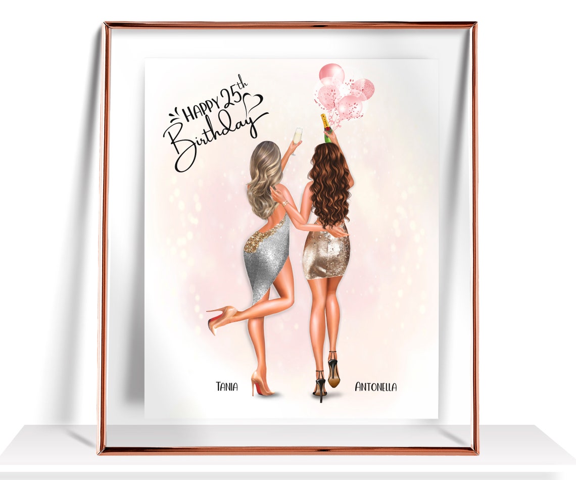 Two Women 'Happy 25th Birthday' Sequin Dress Champagne Poster
