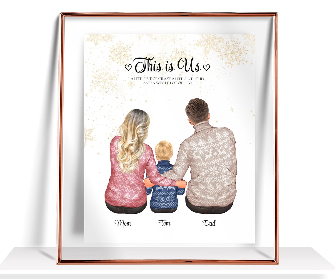 'This Is Us' Family of Three with Golden Snowflakes Art Poster