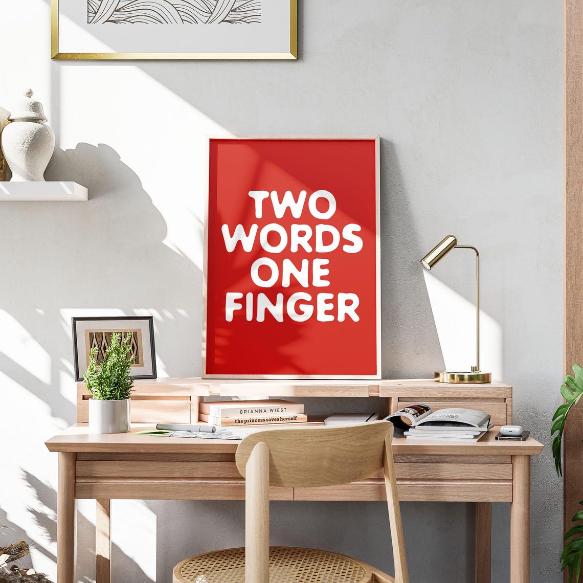 Two Words One Finger Bold Red White Funny Sarcastic Humor Poster - Image 3
