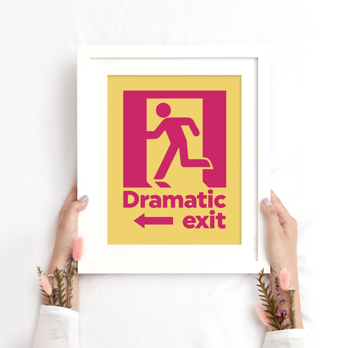 Dramatic Exit Funny Emergency Exit Sign Yellow Pink Wall Art - Image 2