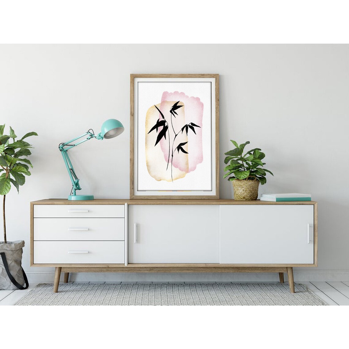 Black Bamboo Silhouette on Blush Pink Wash Japanese Watercolor Poster - Image 3