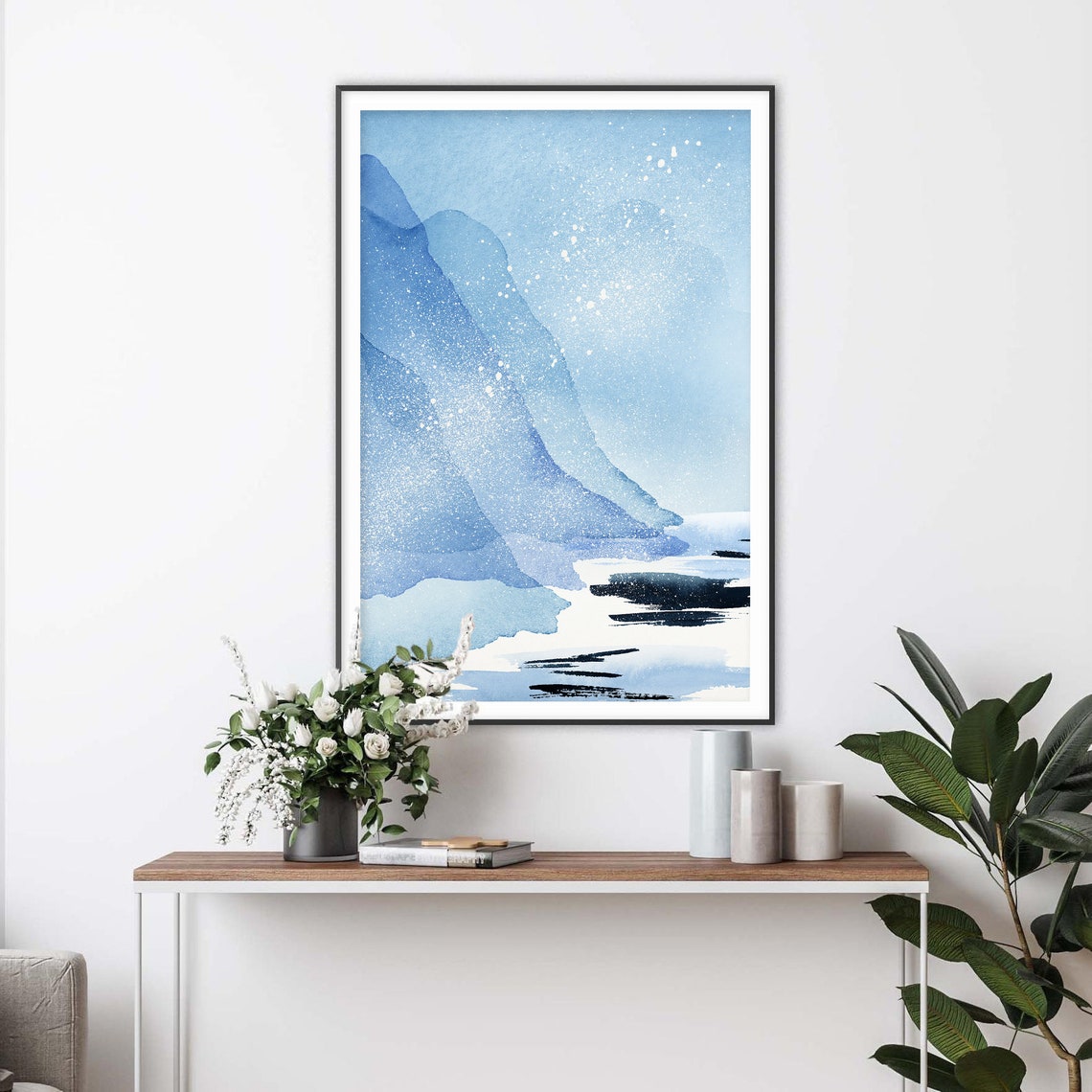 Blue Mountain Lake With Dark Ink Strokes Watercolor Art Poster - Image 2