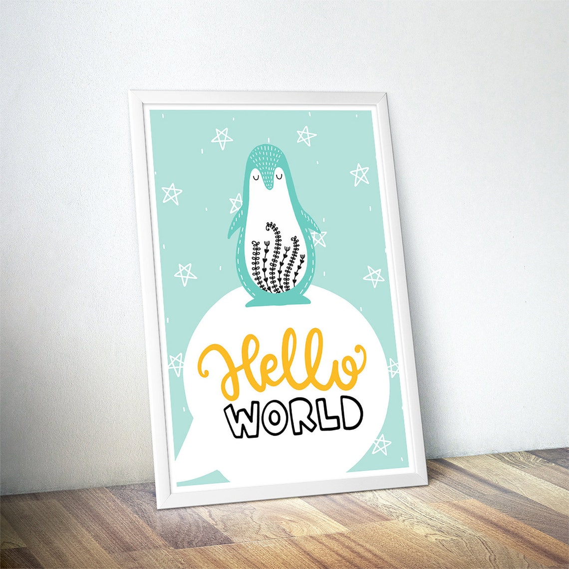 Hello World Penguin Nursery Poster Mint Stars Baby Room Wall Decor - Image 4