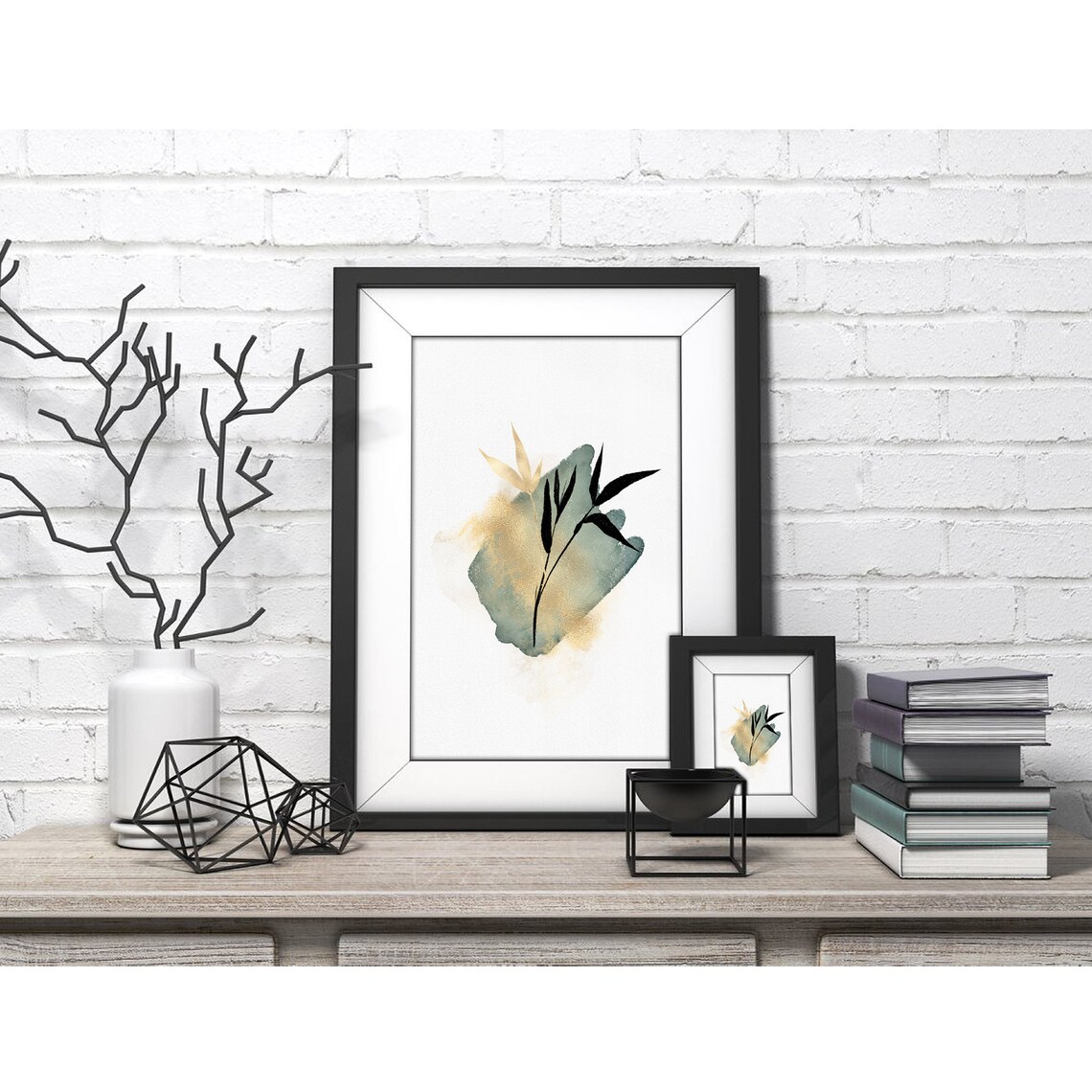 Minimal Black and Gold Branch on Green Wash Japanese Art Poster - Image 4
