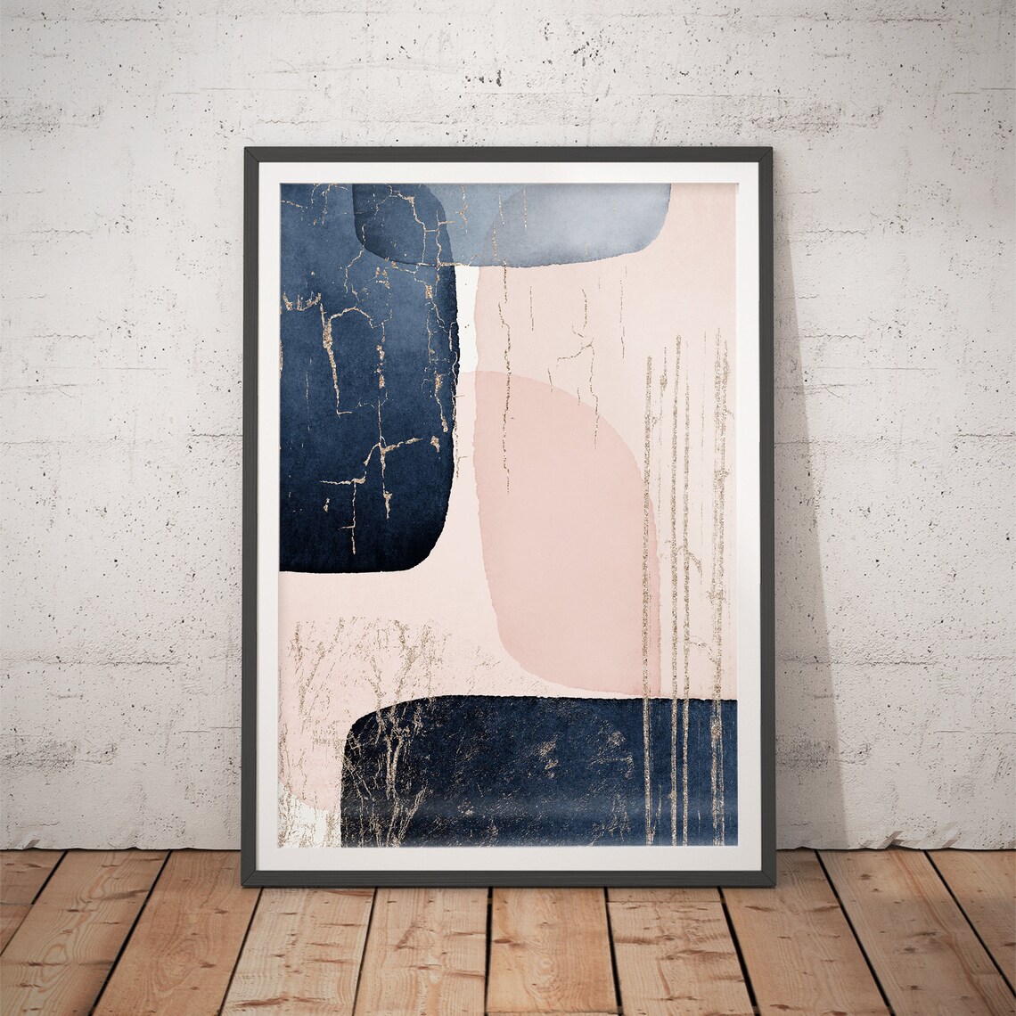 Navy Blue and Blush Abstract With Gold Veins Modern Art Poster