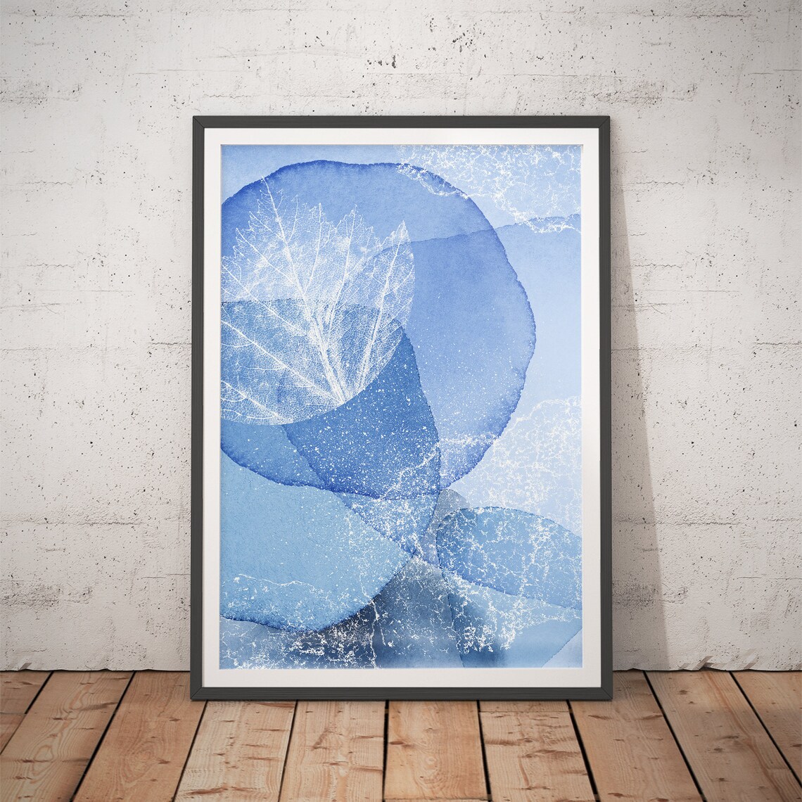 Blue Watercolor Circles with White Leaf Skeleton Detail Poster for Modern Home Decor