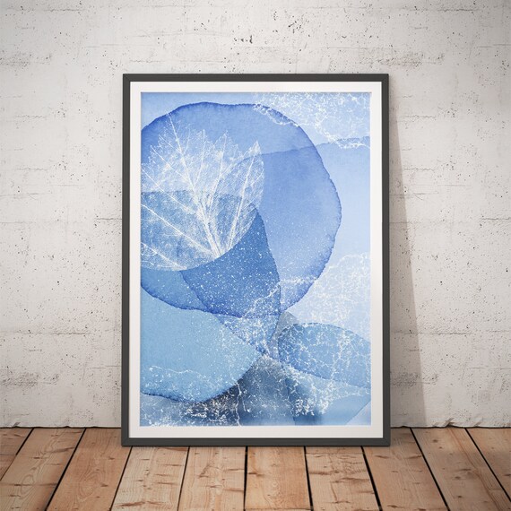 Blue Watercolor Circles with White Leaf Skeleton Detail Poster for Modern Home Decor