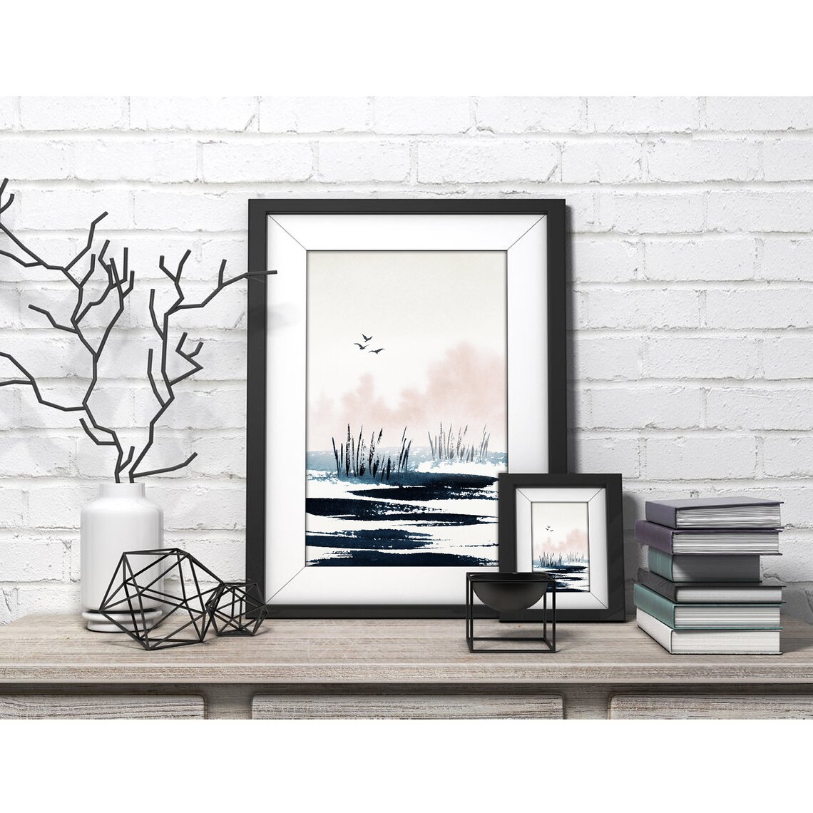 Minimalist Beach Scene Flying Birds Reeds Ink Watercolor Poster - Image 4
