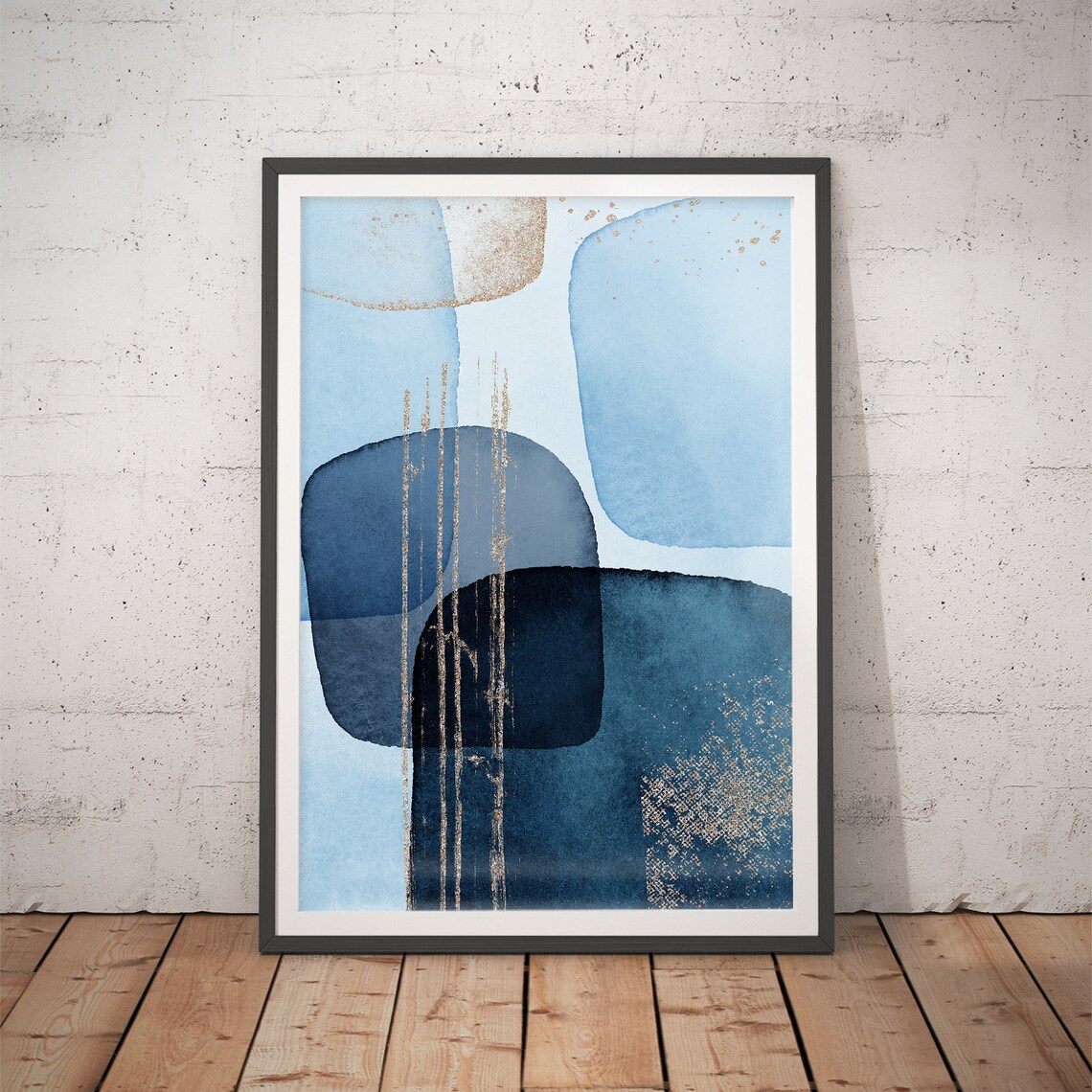 Blue Abstract Watercolor Shapes Gold Lines Modern Decor Poster
