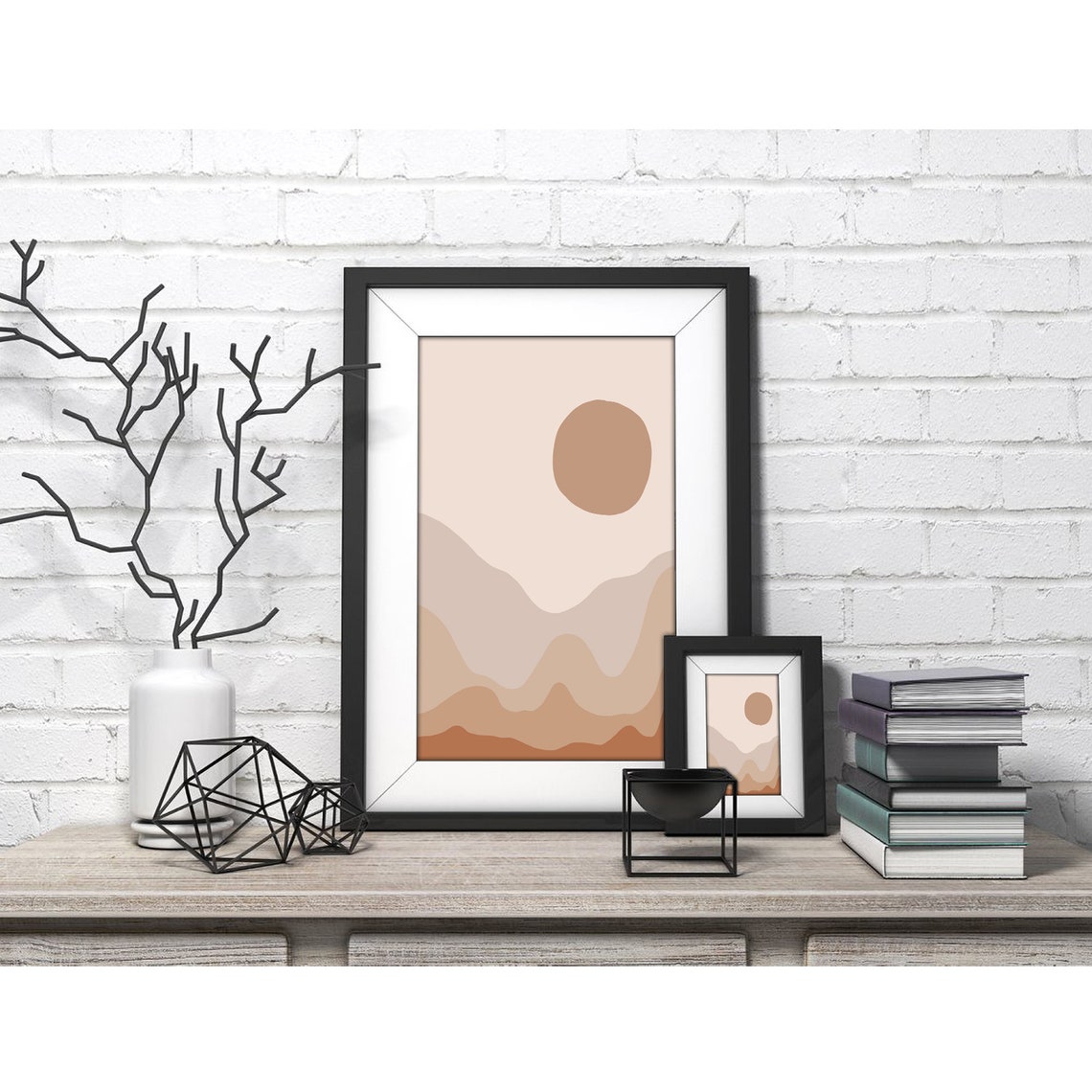 Blush Cream Layered Desert Dunes Round Sun Abstract Landscape Poster - Image 2