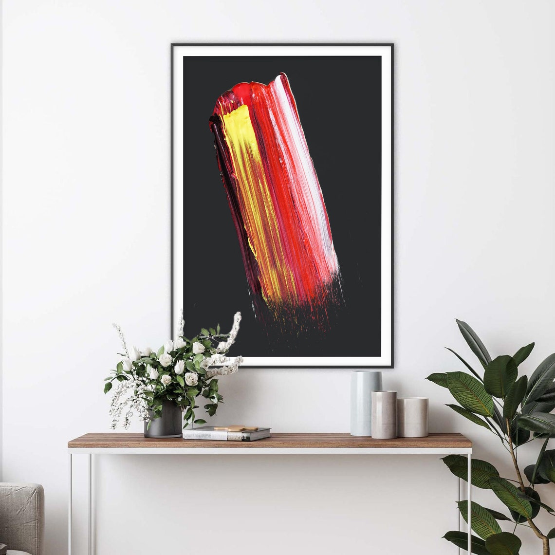 Fiery Red and Gold Vertical Paint Stroke Abstract Art on Black Poster - Image 2