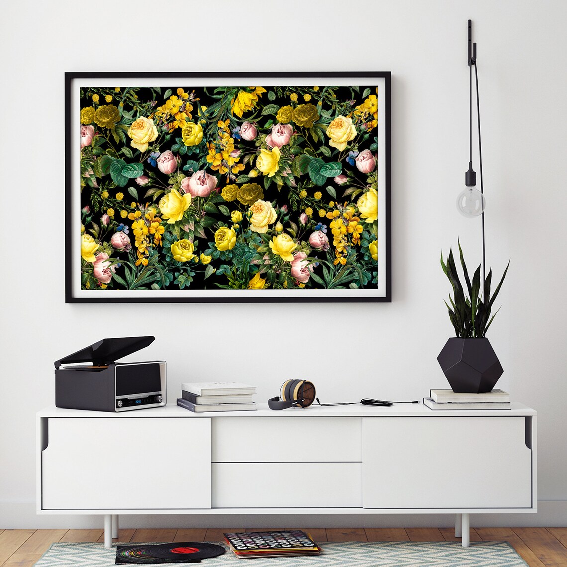 Vintage Yellow Roses and Wildflowers on Black Botanical Poster - Image 2