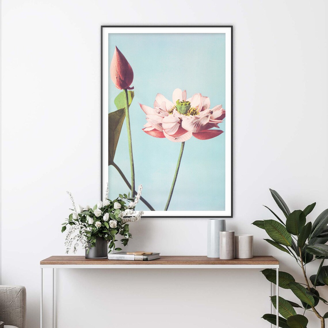 Pink Lotus Bloom and Bud Japanese Watercolor Botanical Art Poster - Image 2