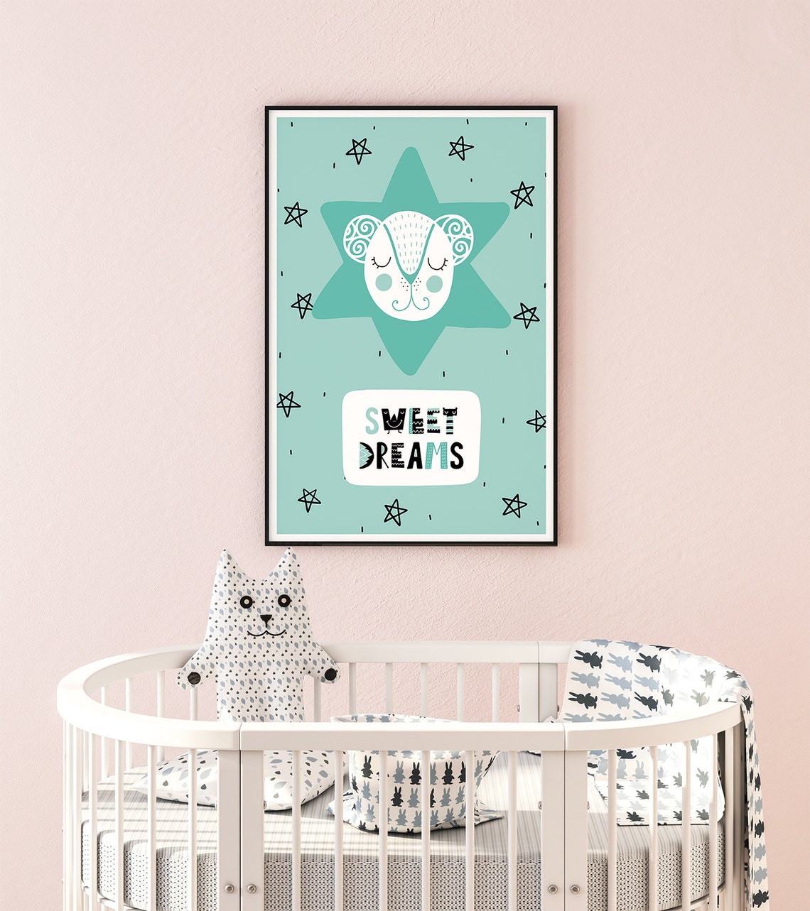 Sweet Dreams Sleeping Bear On Mint Star Nursery Quote Poster - Image 2