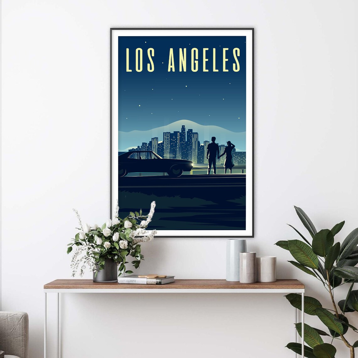 Los Angeles Night Skyline Couple Classic Car Vintage Travel Poster - Image 2