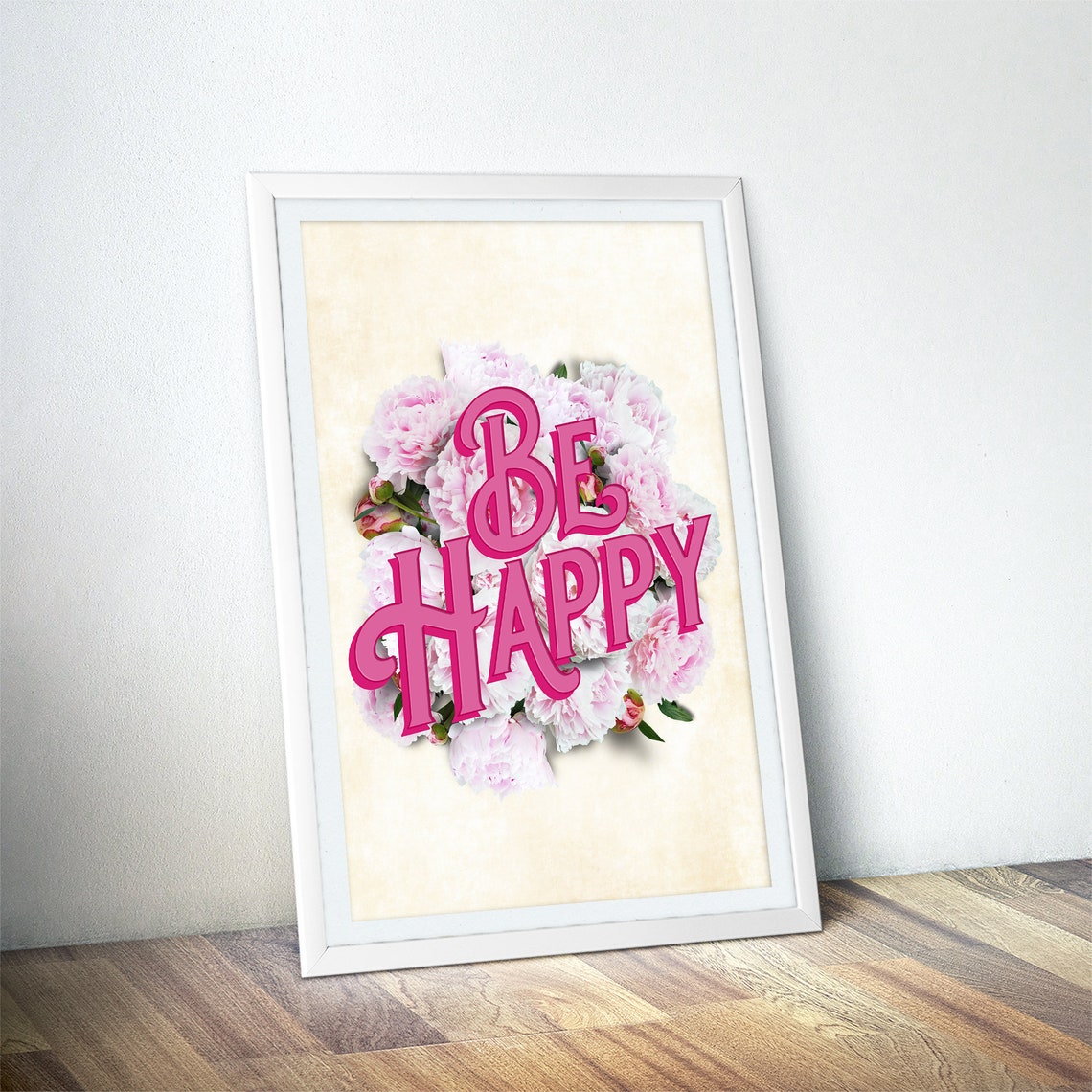 Be Happy Pink Lettering Over Blush Peony Bouquet Quote Art Poster - Image 4