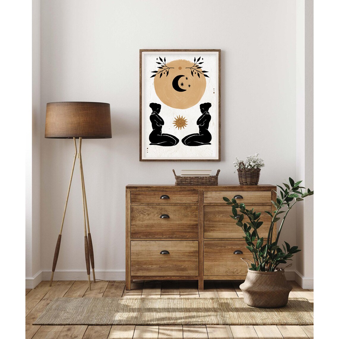 Kneeling Women beneath Gold Moon Disc Sun Poster for Modern Home Decor - Image 2
