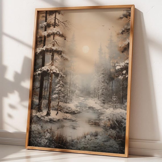 Snowy Forest Landscape Wall Print Winter Nature Scene Poster Tranquil Rustic Cabin Decor