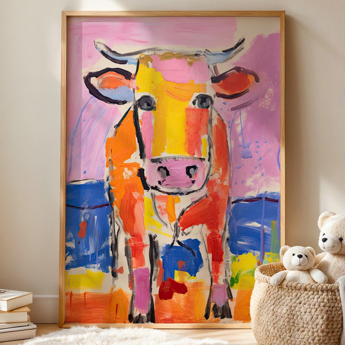 Farm Animal Art Poster Colorful Abstract Cow Wall Print Illustration For Kitchen Or Kids Room Whimsical Drawing