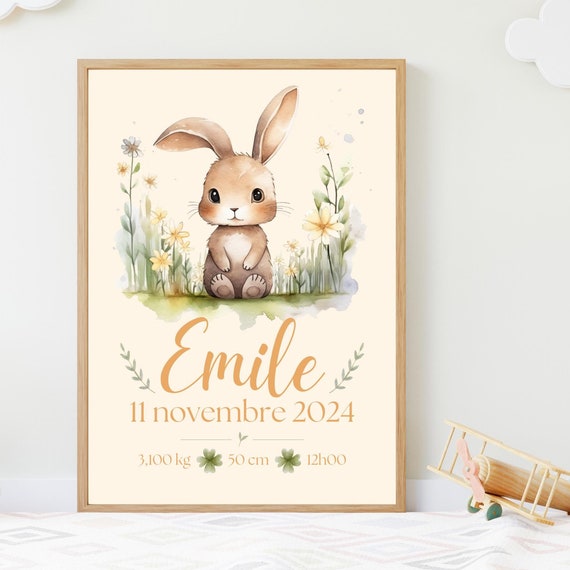 Personalized Bunny Rabbit Watercolor Baby Birth Keepsake Poster