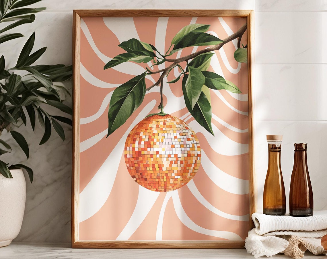 Orange Disco Ball Hanging Fruit Poster Retro Citrus Decor Art - Image 4
