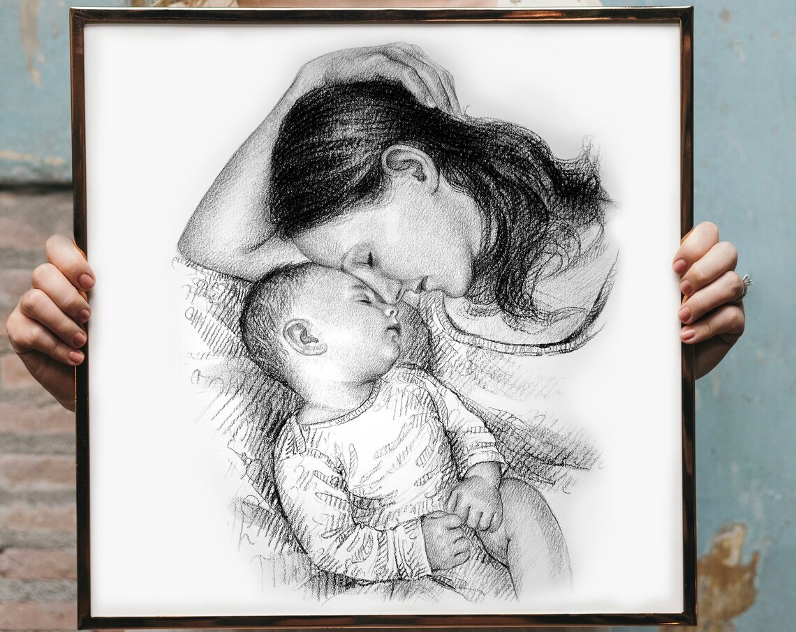 Mother and Toddler Foreheads Together Custom Portrait Art Print