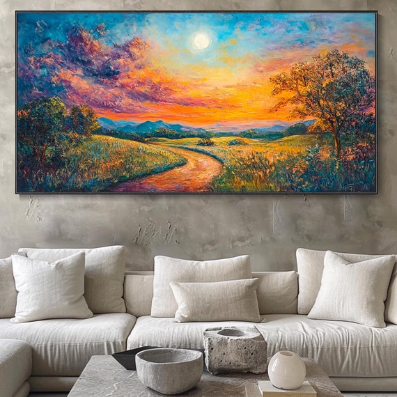 On Panoramic Landscape Wall Art Original Large Long Wide Sunset Landscape Painting Horizontal Textured Wall Art Living Room Decor