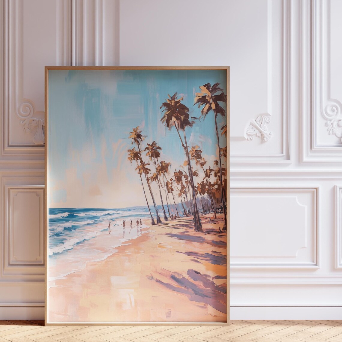 Sunrise Beach Painting Palms Swimmers Ocean Impressionist Poster