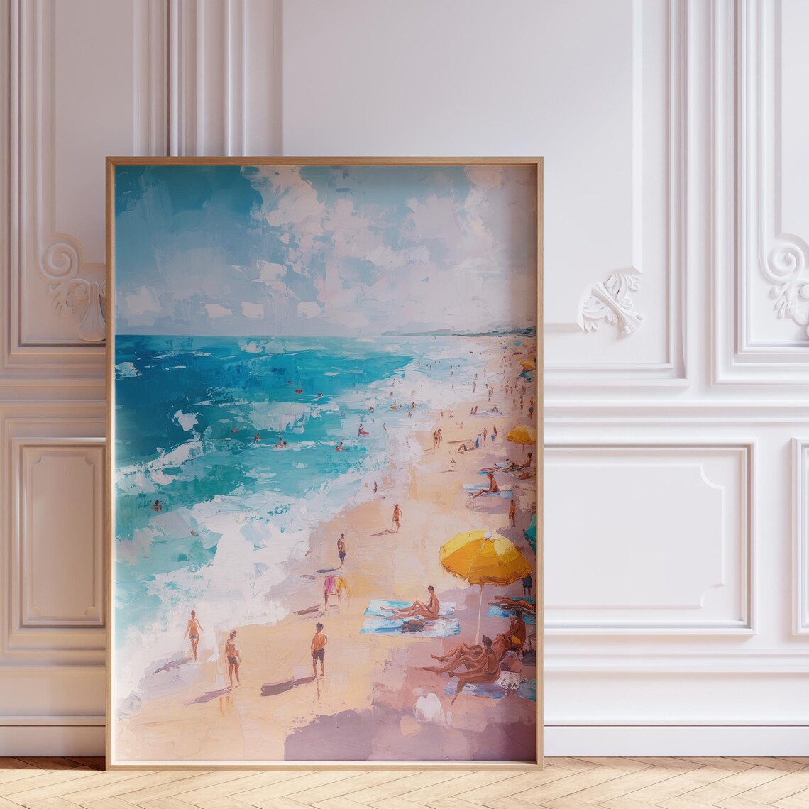 Sunny Beach Painting Crowd Umbrellas Turquoise Sea Summer Poster
