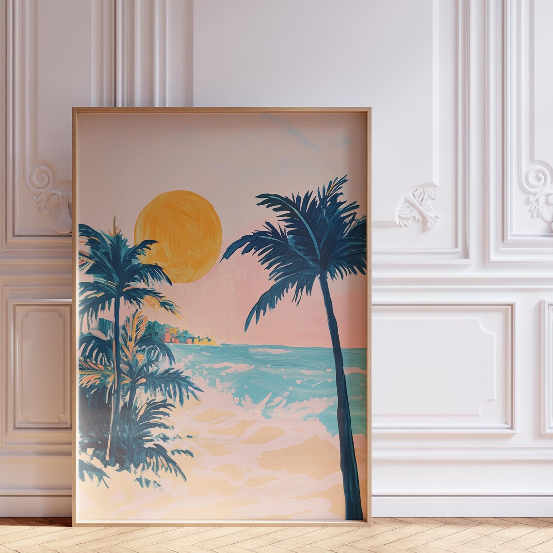 Tropical Sunset Painting Big Orange Sun Palm Trees Beach Poster