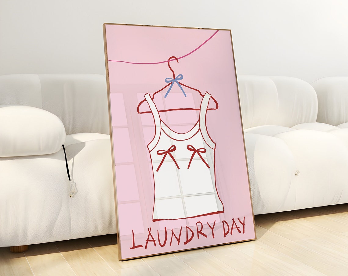 Pink Laundry Day Camisole Hanger Red Bows Illustration Poster - Image 3